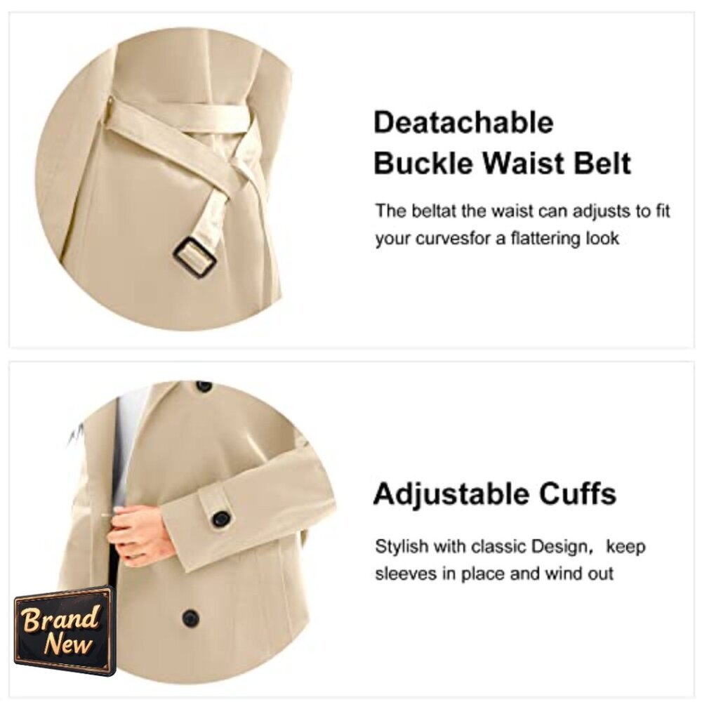 Long Waterproof Trench Coat with Detachable Hood, Belted Double Breasted - Picture 5 of 7